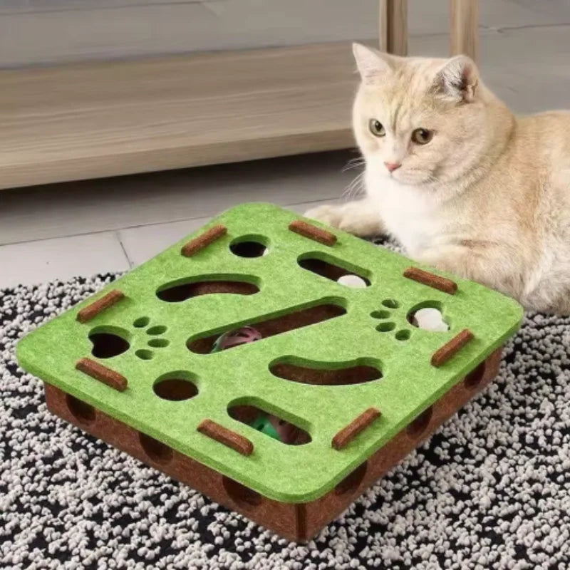 Interactive Felt Cat Puzzle Box with Bell Ball & Hunting Holes